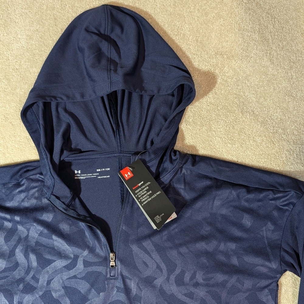 Under Armour Womens HeatGear Hoodie Navy Blue 1/4 Zip Pullover Embossed Small